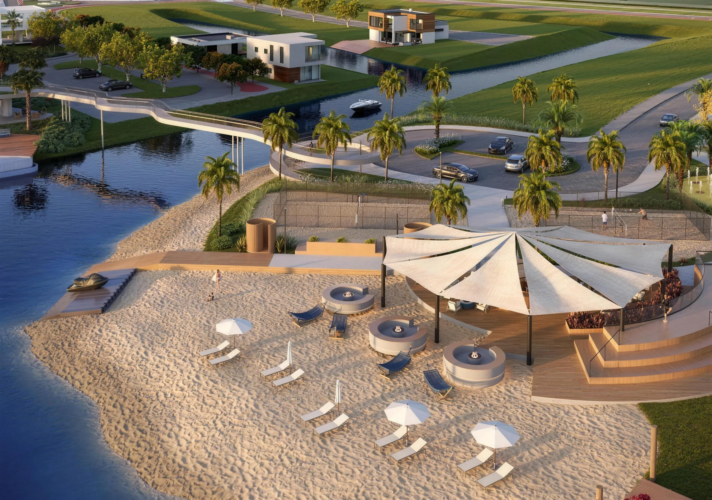 Beach club à beira de lago em loteamento, com praia de areia, tendas brancas e marina