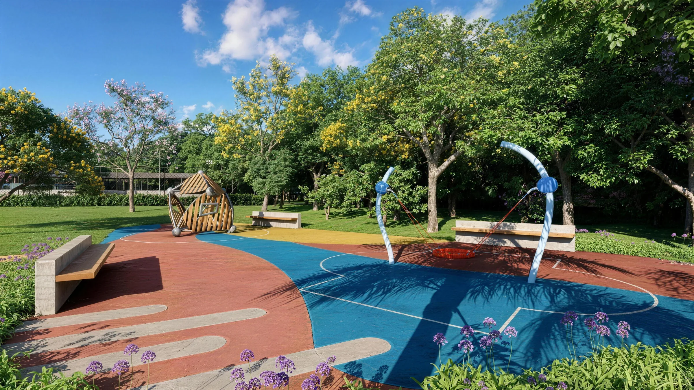 Praça infantil colorida do loteamento Gran Lago, com piso lúdico e vegetação florida
