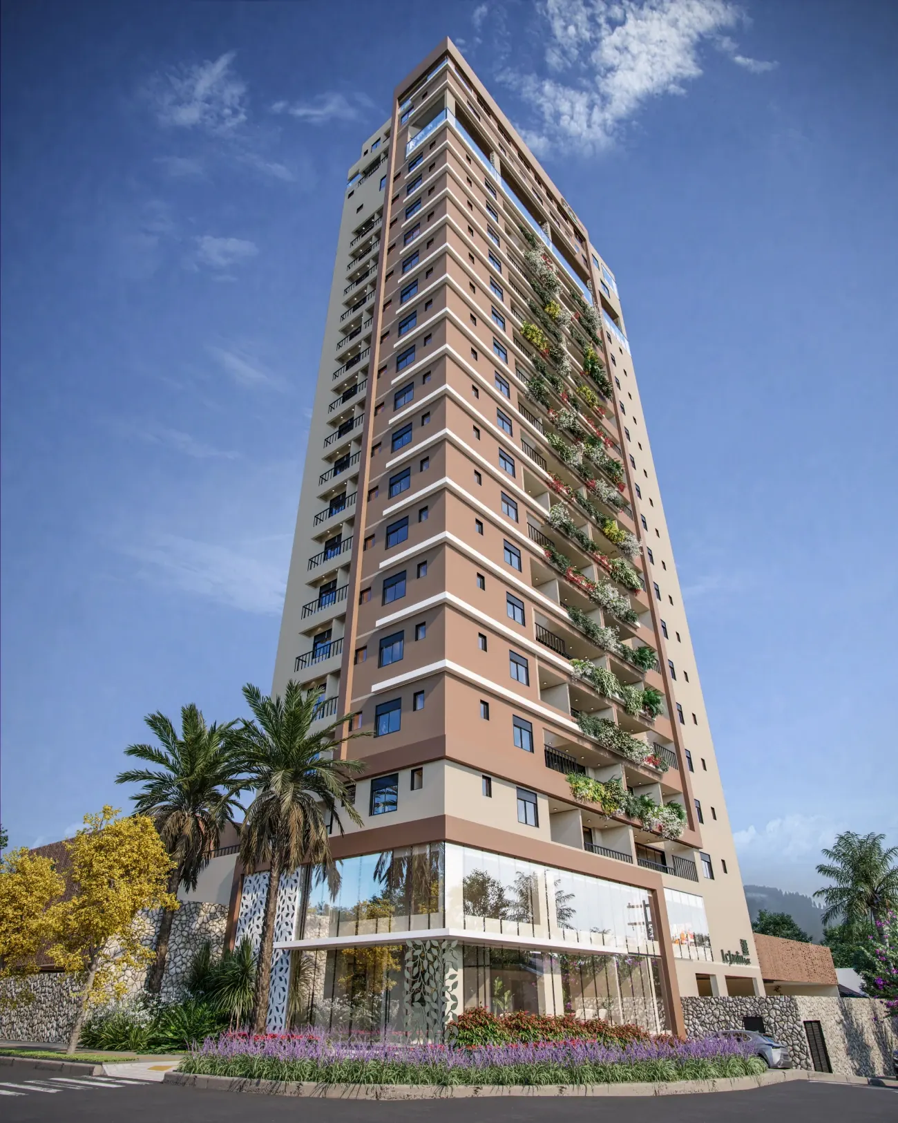 Projeto Le Jardim — torre residencial com varandas verdes