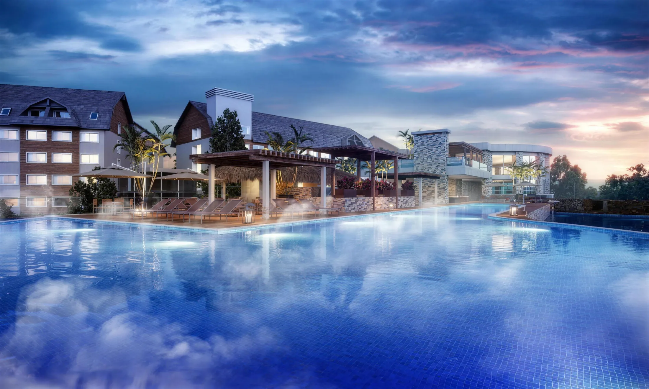 Paisagismo de resort com piscinas e vegetação tropical